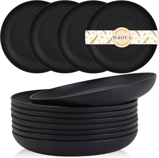 Wheat Straw Plates - 8 Inch Unbreakable Dinner Plates Set of 8 - Dishwasher & Microwave Safe Plastic Plates Reusable - Lightweight Plates for kitchen,R.V (pure black)