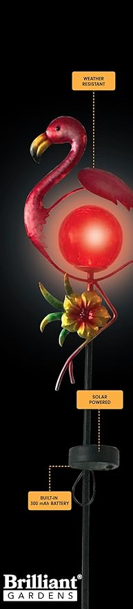 Brilliant Gardens LED Solar Lawn Decor, Metal Flamingo & Base with Crackle Glass Globe, Durable Metal Yard Decoration, Eco-Friendly Garden Light, Gift for Garden Lovers, Solar Lawn Ornament.