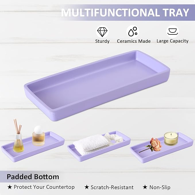 Resin 6 Pcs Purple Bathroom Set Complete with Toothbrush Holder, Lotion Soap Dispenser, 2 Qtip Holder Dispensers,Vanity Tray,Bathroom Tumbler - Countertop Vanity Organizer - Bathroom Accessories