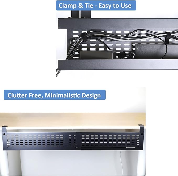 AEONS Under Desk Cable Management Tray Kit - Horizontal Adjustable up to 41” Removable C Clamp Mount Reversible Computer Cord Raceway and Modesty Panel for Large Table, Black