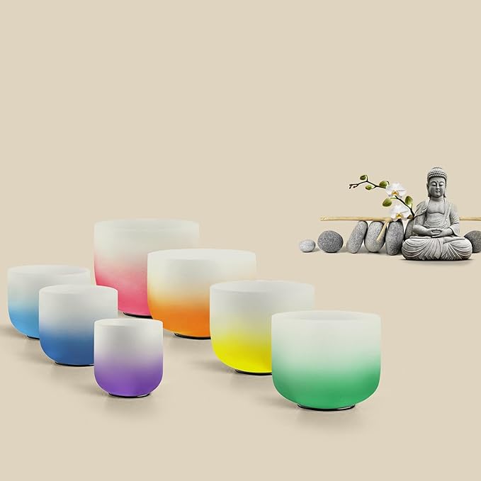 RYAN DVAN 432hz 6-12 Inch Set of 7 Pcs Gradient Design Quartz Crystal Singing Bowl Chakra Set Sound Therapy for Yoga, Reiki, Chakra Healing Energy Tuning & Mindfulness Kit