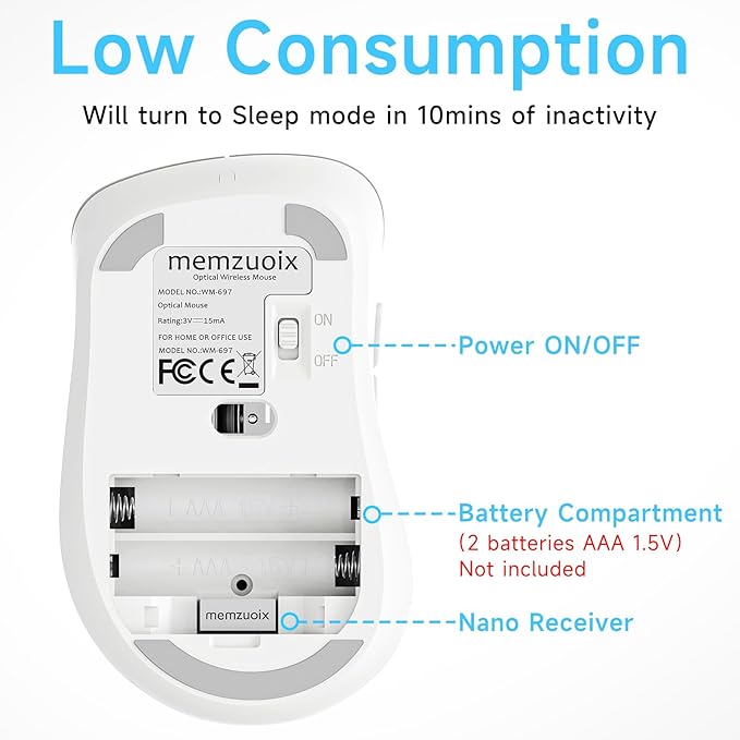 memzuoix 2.4G Wireless Mouse, 1400 DPI Computer Mice with USB Receiver, Portable Wireless USB Mouse Battery Powered Cordless Mice for Laptop, PC, Desktop, 5 Buttons (White)