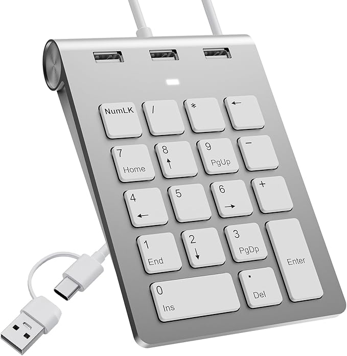 Wired Numeric Keypad USB C/USB A, Ergonomic Mini Number Pad with 3 USB 2.0 Ports, 18 Keys Numpad, Office Calculator Number Pads for Laptop, Desktop, Notebook, PC