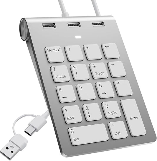 Wired Numeric Keypad USB C/USB A, Ergonomic Mini Number Pad with 3 USB 2.0 Ports, 18 Keys Numpad, Office Calculator Number Pads for Laptop, Desktop, Notebook, PC