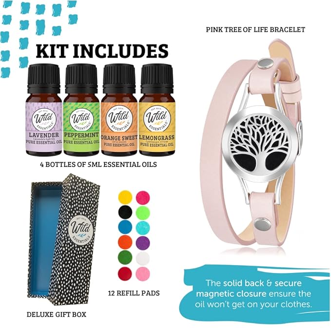 Wild Essentials Tree of Life Essential Oil Leather Wrap Bracelet Diffuser Kit, Gift Set, Lavender, Lemongrass, Peppermint, Orange Oils, 12 Pads, Customizable Color Changing Jewelry, Aromatherapy, Pink