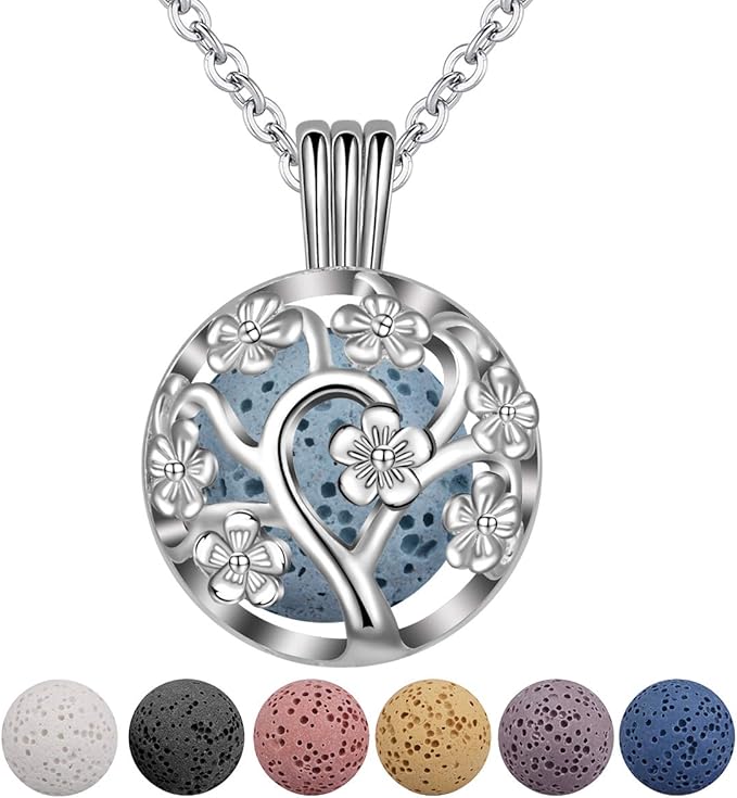 INFUSEU Sakura Tree Aromatherapy Necklace, Essential Oils Diffuser Locket Pendant with 7 PCS Lava Rock Stones and 24" Link Chain