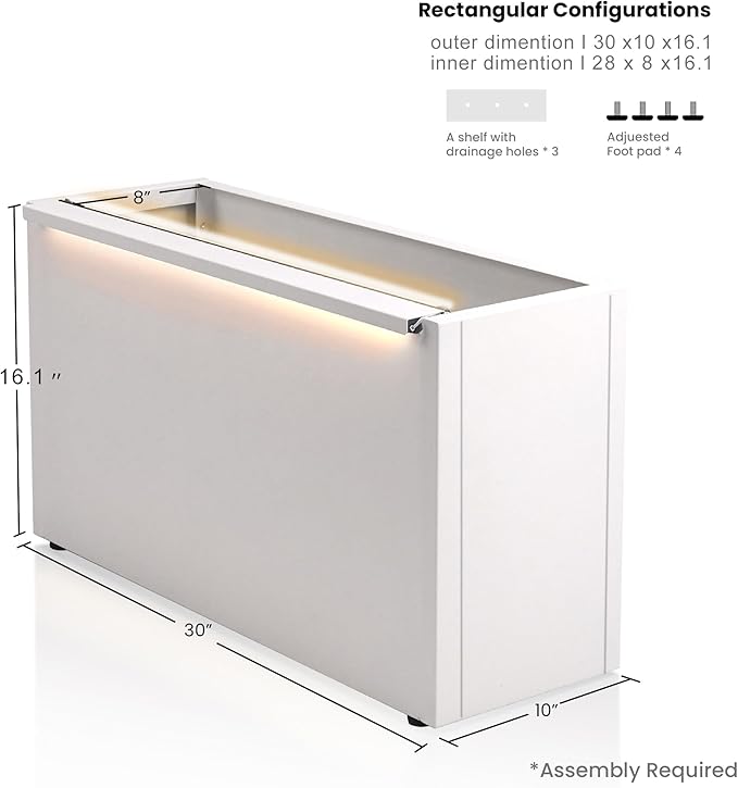 GSK White LED Metal Planter Boxes Outdoor Space LED Light Strips × 2 Durable and Stylish Rectanglular Raised Flower Trough with Drainage Holes Indoor Easy Assembly Garden Patio Balcony Porch