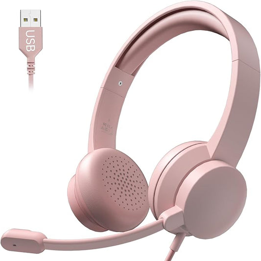 USB Headset with Microphone for PC, Wired Headphones with Mic USB Headset with Noise Cancelling Microphone, Computer Headsets with Microphone for Home Office Online Class Teams Skype (Pink)