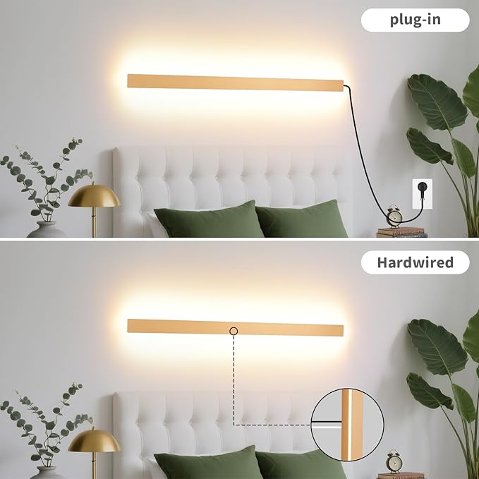 Modern Plug in Wall Lights, 31.4 inch Frosted Gold LED Long Wall Sconce, 16W Warm White 3000K Acrylic Indoor Wall lamp,with 59" Plug Cable for Bedroom, Living Room, Hallway