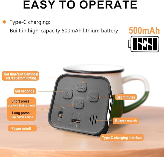 Visual Rotating Timer with 5, 10, 25 50 Minutes Preset, Desk Cube Count Down/up Timer, Rechargeable Custom-time Mute/Sound, Ideal for ADHD Work Learning Kitchen, Black