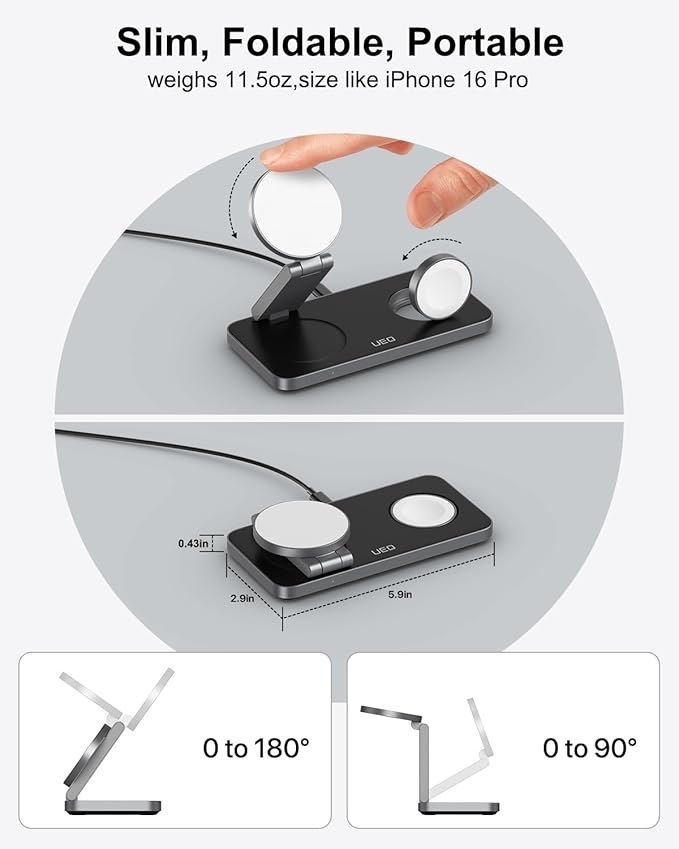 Foldable 3 in 1 Wireless Charging Station for Apple Compatible with Magsafe Charger Stand,Magnetic Wireless Charger Station for iPhone 17 Air16 15 14 13 12 Series,Airpods Pro,Apple Watch(Black)