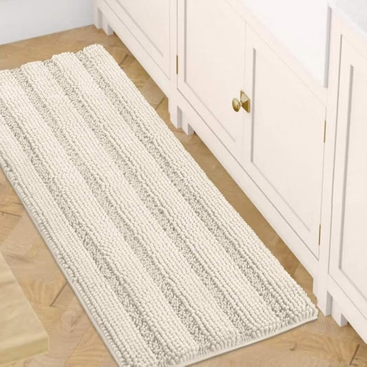 H.VERSAILTEX Bath Rugs for Bathroom Non Slip Bath Mats Extra Thick Chenille Striped Bath Rug Runners 47" x 17" Absorbent Fluffy Soft Shaggy Mats Dry Fast Plush Area Carpet for Bath Room - Ivory