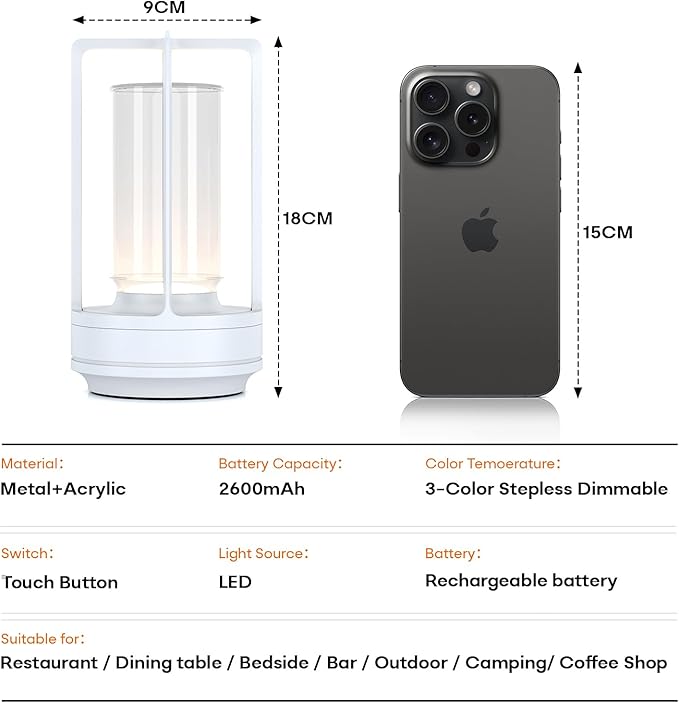 Portable Outdoor Table Lamp, Cordless Dimmable Touch Table Light, Rechargeable Battery Operated Small Lamp with 3 Colors and Brightness Control for Bedroom/Patio/Camping/Bar/Coffee Shop (White)