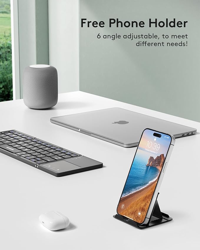 Samsers Foldable Bluetooth Keyboard with Touchpad, Portable Wireless Keyboard with Stand Holder, Rechargeable Full Size Ultra Slim Pocket Folding Keyboards for Android Windows IOS Tablet & Laptop-Gray