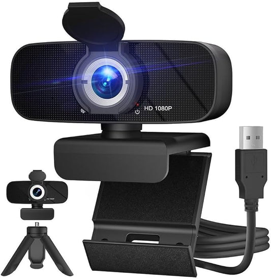 RUWBY Webcam with Built-in Microphone and Rotatable Tripod, 1080P Video and Wide Angle Camera, Privacy Cover (1080P Webcam with Type-C Cable)