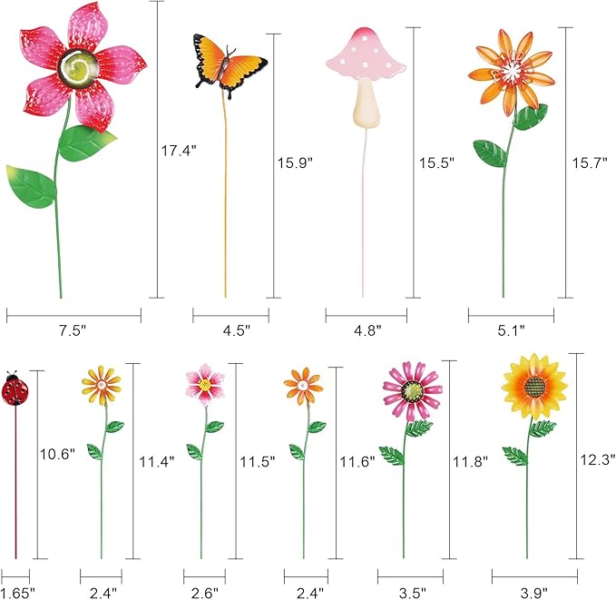 hogardeck Garden Decor for Outside, Set of 10 Metal Flowers Garden Stakes with Mushroom Butterfly Ladybug for Spring Decor, Yard Art Garden Decorations for Outdoor Lawn Porch Pathway (Multi-Color)