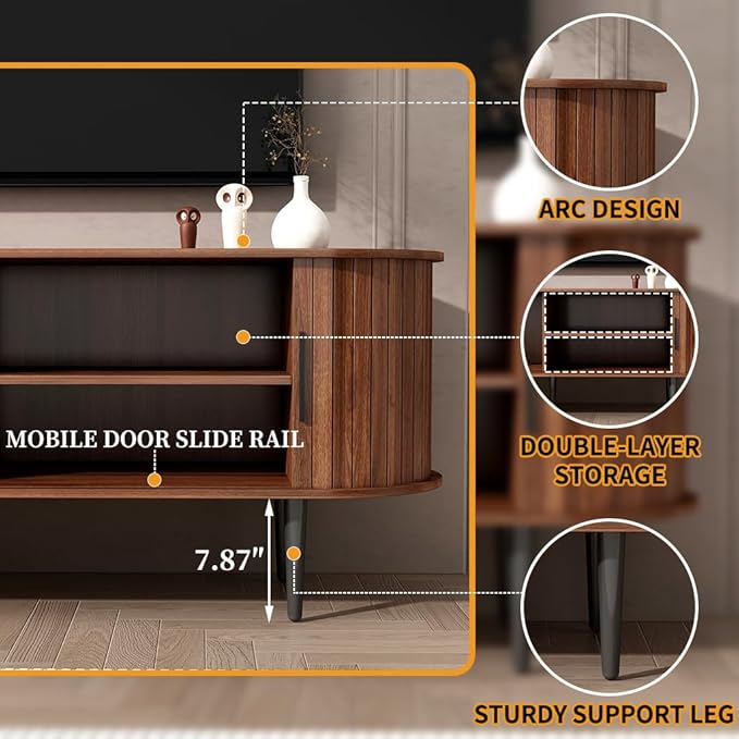 Mid Century Modern Fluted TV Stand, Walnut TV Stand for 55 Inch TV, Wooden Entertainment Center with Sliding Doors and Ample Storage Space, Media Console Storage Cabinet for Living Room or Bedroom