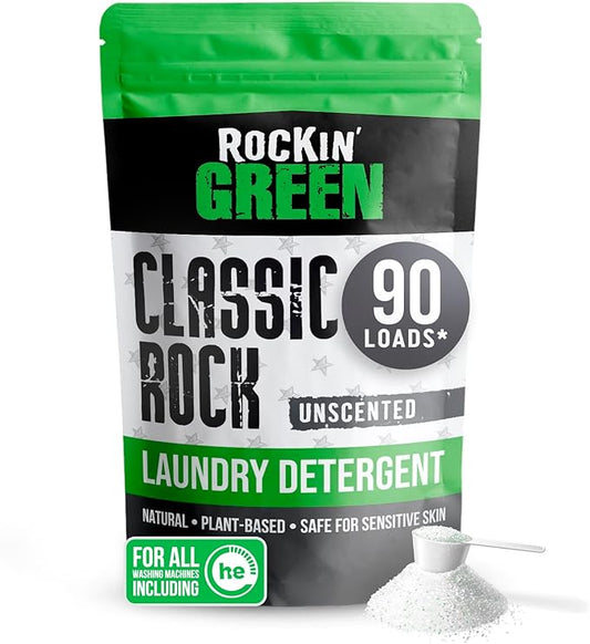 Rockin' Green Classic Rock Laundry Detergent Powder (90 Loads) - All Natural Laundry Detergent - Sensitive Skin Laundry Powder (Unscented)