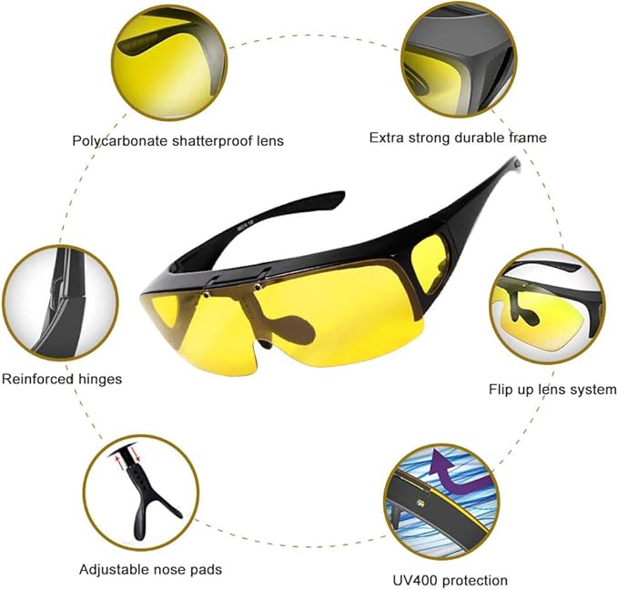 Junsika Polarized Clip On Sunglasses for Prescription Glasses Men Women Flip Up Rimless Black Sunglasses UV400 Protection