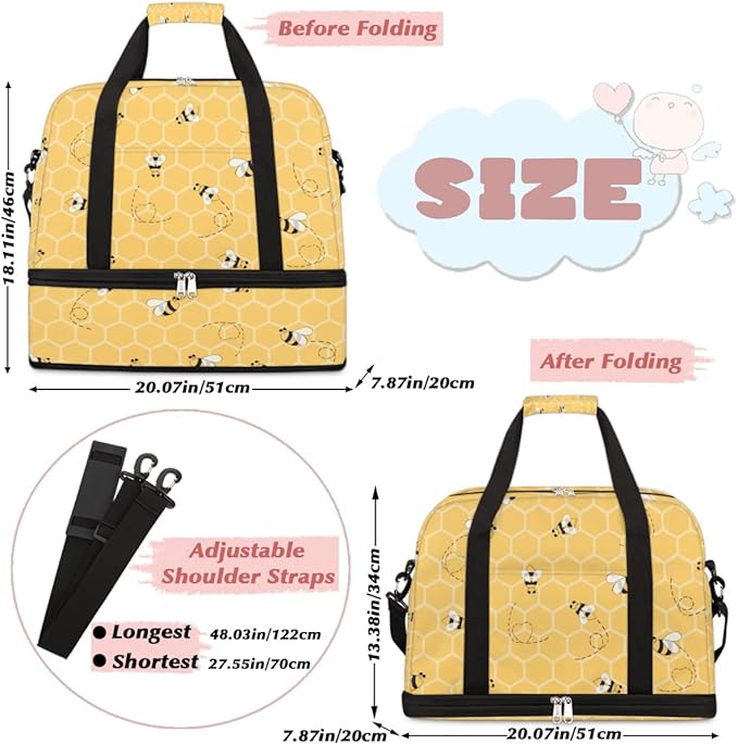 Sports Gym Duffel With Geometric Animal Bees Pattern - Travel Bag With Shoes Compartment, Waterproof Overnight, Workout Weekender for Boys Girls - Yoga Dance Tote for Women Men