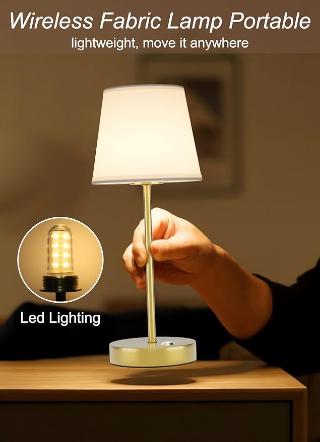 2 Pack Cordless LED Table Lamps, Battery Operated Fabric Shade Desk Lamp, 3 Color Stepless Dimmable Rechargeable Lamp for Dinner/Restaurant/Bedroom/Bars/Camping(Gold)