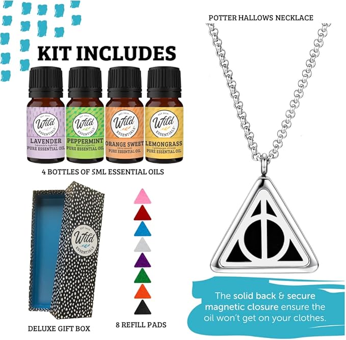 Wild Essentials Potter Hallows Aromatherapy Diffuser Necklace13-PieceGift Set –Includes 4 Pure Essential Oils, Stainless Steel Necklace/Pendant, 8 Pads –Calming Aromatherapy Essential Oil Necklace