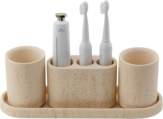 Bathroom Accessories Set, 4 pcs Toothbrush Holders Set Included 3 Slots Electric Toothbrush and Toothpaste Holder Stand, 2 Tumblers & Tray for Bathroom Countertop Sink Modern Decor (Yellow)