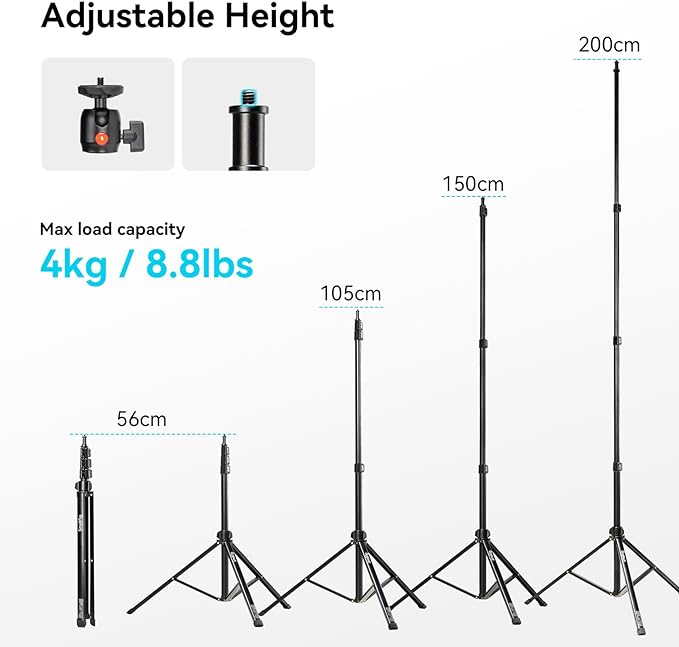 SMALLRIG RA-S200 Light Stand for Photography, 78.7" / 6.6ft / 200cm, Black, Aluminum Alloy, Supports up to 4kg, Compatible with Reflectors, Softboxes, Studio Lights, Umbrellas, Ring Light