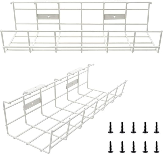 Under Desk Cable Tray - 2 Pack Cable Raceway for Wire Management. Metal Wire Organizer for Office, Studio and Home. Super Sturdy Cord Organizer for Desk - White Cable Management Under Desks