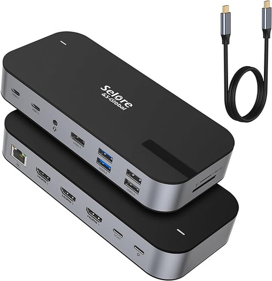 Selore USB C Dock 3 HDMI, Docking Station Dual Monitor,16 in 1 Laptop Docking Station 3 Monitors with Triple HDMI,10G USB A/C 3.1,100W PD,SD/TF,Ethernet,USB C Hub,USB C Dongle for Windows Mac