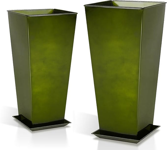 Worth Garden Large Metal Glazed Planter Set of 2 (25" + 28"), Luxurious Glossy Finish Green Tall Square Tapered Steel Plant Pot, Decor Flower Pot Indoor & Outdoor, Drainage Hole & Dual-Purpose Saucer