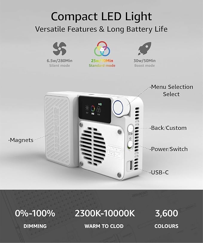 Amaran Ace 25c RGB Video Light,25W On Camera Pocket Video Light CCT 2300k-10000k, 5,908 lux @ 0.5m Illumination,with Rechargeable Battery and PD Charging (Charcoal)