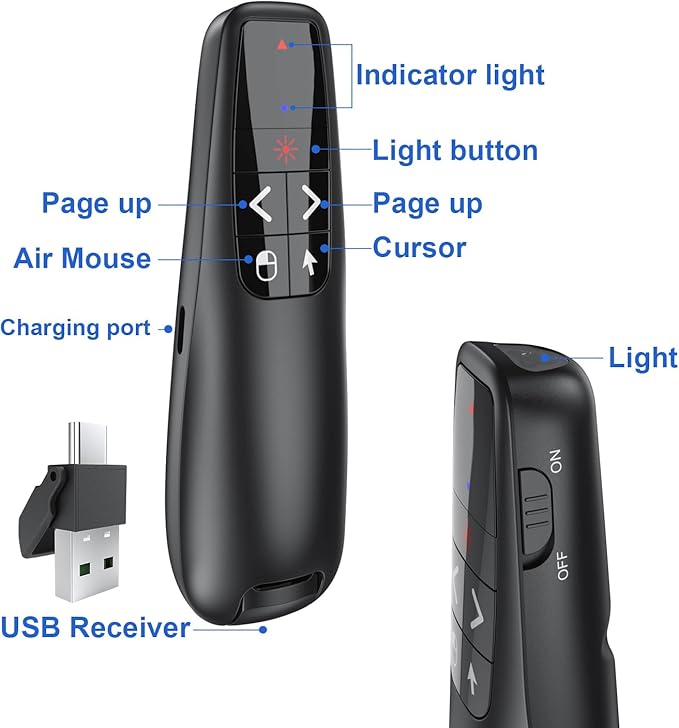 Presentation Clicker PowerPoint Wireless Presenter Remote: Type C Rechargeable Auto Air Mouse Clickers with Red Laser Pointer for Computer Project Mac Slideshow PPT Google Slide Advancer