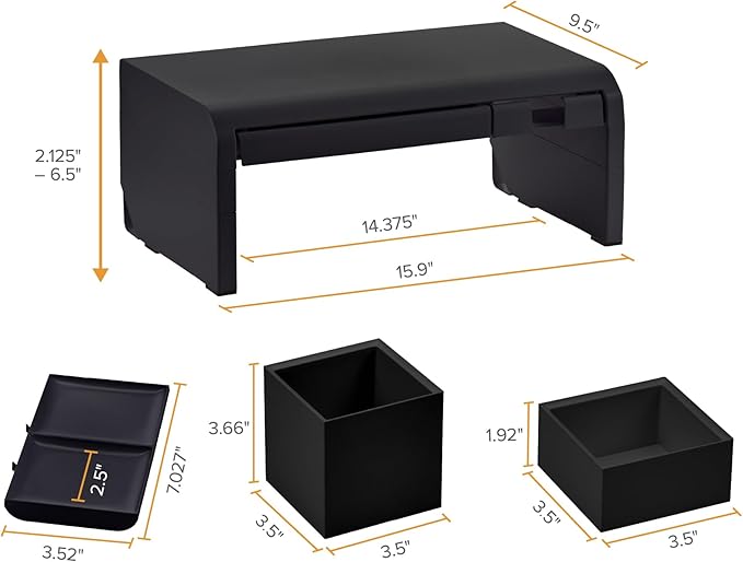 Bostitch Konnect Adjustable Monitor Riser with Drawer, Cell Phone Stand & Pencil Holder, Laptop Stand for Desk, 4 Height Levels, Cable Management & Rubber Feet