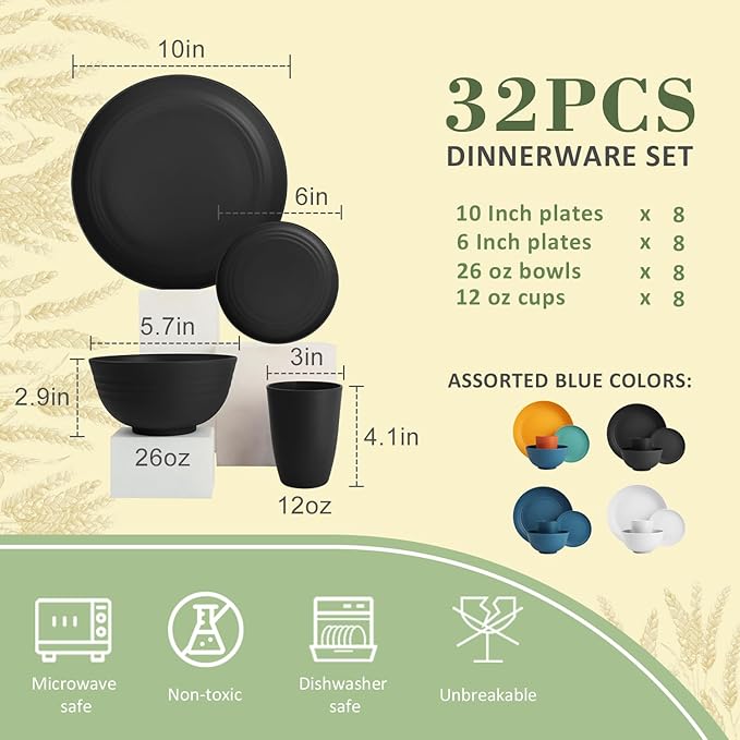 32-piece Kitchen Alternative Melamine Wheat Straw Dinnerware Sets,Unbreakbale Dishwasher Safe Kitchen Bowls and Plates Sets with Cups,Apartment Essential Dishes Set for 8.Black Series