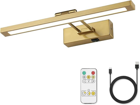 Battery Operated Picture Light with Remote,Wireless Gallery Lights Brass 15.7 Inch Rechargeable Display Light with Flexible Swing Arm,Dimmable Wall Sconce for Artwork on Wall