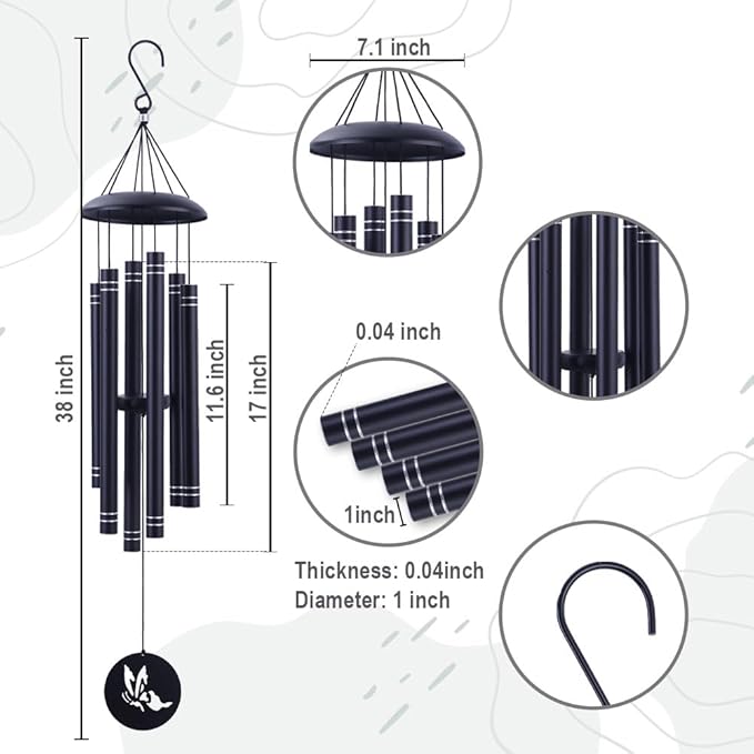 38" Large Metal Wind Chimes for Outside Deep Tone, Memorial Hummingbird Wind Chimes Outdoor with 6 Heavy Tubes for Patio Garden Hanging Décor,Sympathy Gifts, Black
