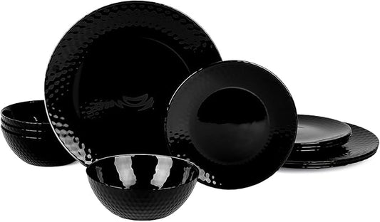 Dinnerware Sets for 4, Light & Durable 12 Pieces Opal Glass Plates and Bowls Set, Dishwasher and Microwave Safe Ribbed Dish Dinning Ware, Thin but Strong Geometric Faceted Black