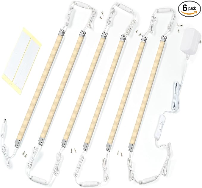Premium LED Light Strips Kit: 6 x 12 Linkable Bars + Rocker Switch for Warm White Ambient Lighting in Cabinets, Closets, Shelf, Display Case, Showcase Lighting, 3000K Warm White