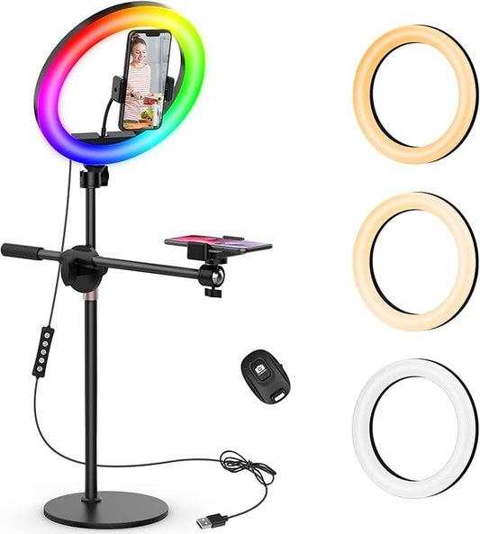 Overhead Phone Camera Mount with Ring Light for Video Recording, Cooking Filming. Content Creator Kit with 10.5" RGB Ringlight, Desk Stand and 2 Phone Holder, Remote, Overhead Tripod for iPhone