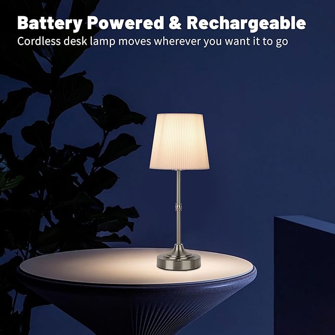 Cordless Rechargeable Table Lamp 5200mAh - Stepless Dimming & 3-Color Temperature, Touch Control Bedside Lamp with Fabric Shade for Bedroom, Patio, Camping, Balcony.(Silver)