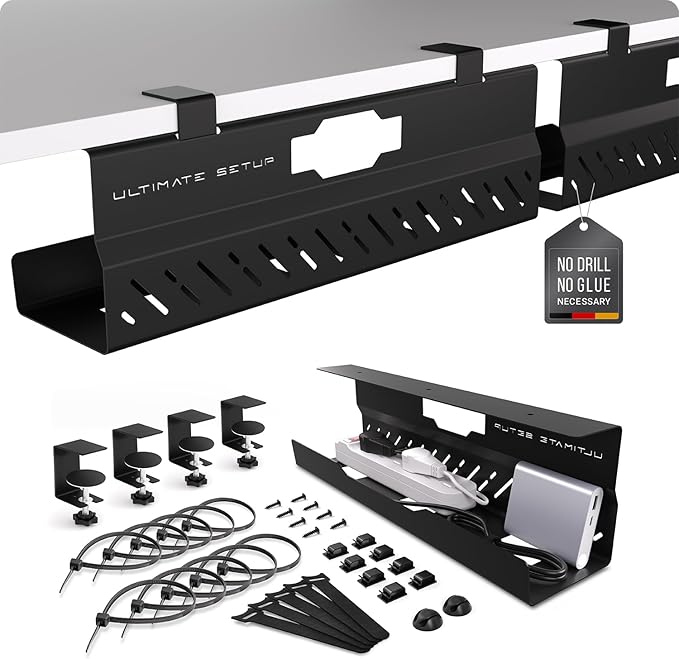 Under Desk Cable Management Tray no Drill – Wire Management - Cord Organizer – Huge Load Capacity – Under Desk Cable Tray no Drill (Black, 2 Pieces Set)