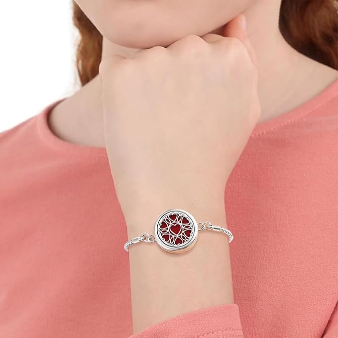 Essential Oil Diffuser Bracelet Aromatherapy Locket - Adjustable Stainless Steel Heart with 10 Pcs Refill Pads for Women Girls