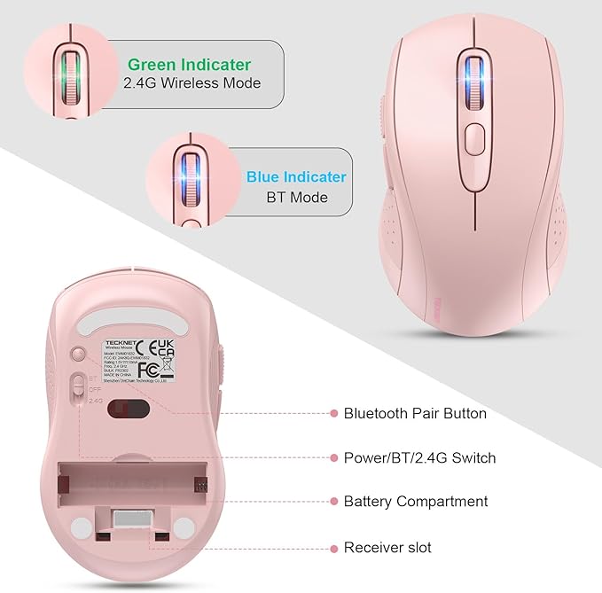 TECKNET 2.4G Wireless Bluetooth Mouse for Laptop, 2-in-1 (BT 5.0/3.0+2.4Ghz) - 6-Level Adjustable 4000 DPI, Portable USB Mouse for Small to Medium Hands