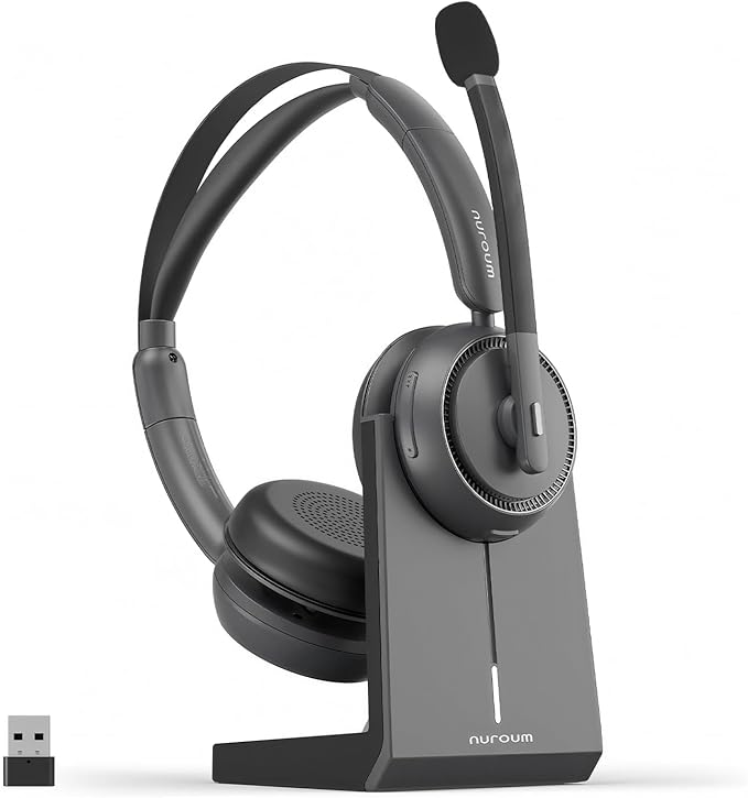 NUROUM HP31D(2nd Gen) Wireless Headset with Mic for Work, Bluetooth Headset with Noise Cancelling Microphone, Charging Stand/Mute Button, Dongle/USB for PC/Computer/Laptop for Zoom/Teams, Office