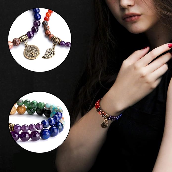 Bivei Natural Semi Precious Gemstone beads bracelet for women - Life Tree and Leaf Charm Energy Reiki Crystal Stretch Bracelets