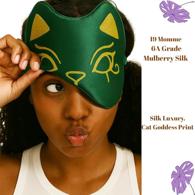 Silk Sleep Mask Blindfold Eye Mask for Sleep Cute Cat Print Embroidered Eye Cover Adjustable Oversized Egyptian Bastet with Gift Box&Pouch（Osiris Green-Adjustable Strap）