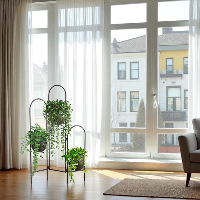 TRIROCKS Metal Plant Stand Indoor Outdoor, 3 Tier 35" H Corner Plant Pot Stand for Multiple Plants, Folding Space-Saving Planter with Stand for Living Room Balcony Patio Garden（Brown ）