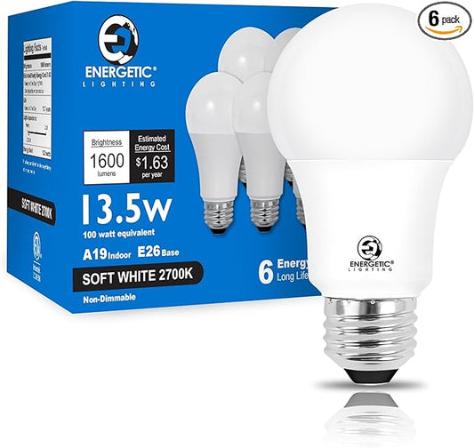 E ENERGETIC LIGHTING LED Bulbs 100 Watt Equivalent, Super Brightness 1600LM Soft White 2700K, Non-Dimmable A19 LED Bulb, E26 Standard Base, ETL Listed, 6 Packs