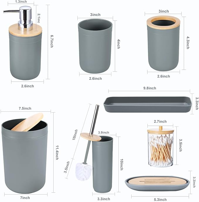 iMucci 9Pcs Grey Bathroom Accessories Set with Trash Can,Toilet Brush,Toothbrush Holder, Lotion Soap Dispenser, Soap Dish,Toothbrush Cup,Vanity Tray,Qtip Holder
